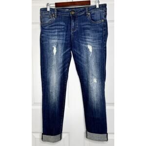 KUT from the Kloth Catherine Distressed Boyfriend Jeans Sz 8 Dark Blue Mid Rise